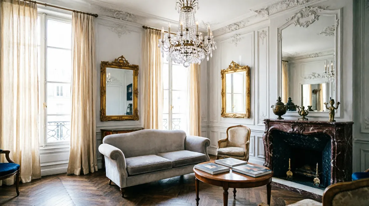 Moulures élégantes, dorures anciennes, pastels doux et chic sans effort puisés dans les immeubles haussmanniens — la sophistication non étudiée d'un appartement vécu rive gauche.